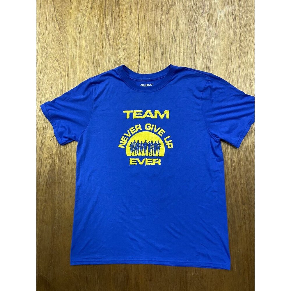 Never Give Up Blue Graphic Crew Neck Tee Gildan Large
